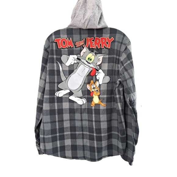 Tom And‎ Jerry Flannel Hooded Shirt Mens Size Large Button Up Skater Grunge - Picture 1 of 10